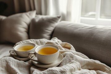 Two cups of tea on a soft linen blanket.