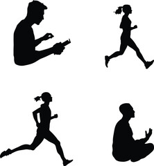 Activity Silhouettes Set Featuring Seated, Sprinting, Jogging, and Standing Figure with Device in Minimalist Black Line Art