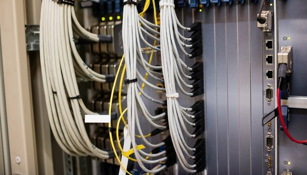 Network cabling is being shown in flat design rack with gray cables and yellow fiber lines