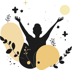 Celestial Joyful Expression Illustration Featuring Uplifted Human Silhouette Surrounded by Gold Botanical and Star Motifs