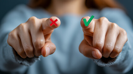 Person's hands pointing at two icons on their fingers, one red with an X and the other green with a checkmark.