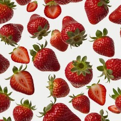 An assortment of whole and halved strawberries against a plain white background