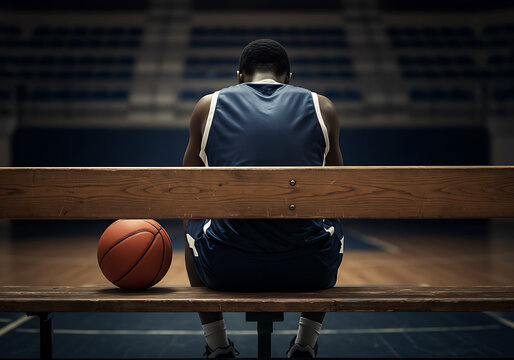 A basketball player sitting on a bench with a ball in a gym looking at the basketball court area