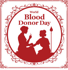 World Blood Donor Day Medical Tribute Illustration Featuring Seated Donor Silhouette with Medical Professional Inside Ornate Red Frame