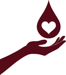 World Blood Donor Day Awareness Illustration Featuring Uplifted Hand Holding Heart-Laced Blood Drop Symbol in Maroon Tones