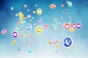 Colorful flat design app icons are floating across soft blue gradient backdrop in digital interface