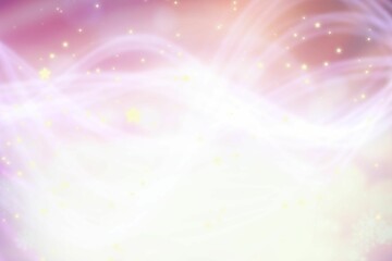 Naklejka premium Swirling white light ribbons are flowing across abstract pink-purple gradient sky with golden stars