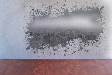 Splash on wall revealing city view