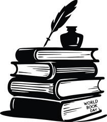 World Book Day Tribute Illustration Featuring Ink Bottle and Quill on a Stack of Books with Lettering Accent
