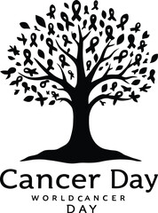 World Cancer Day Tree Illustration Featuring Awareness Ribbons and Branch Motif with Emotive Text