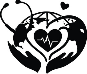 World Health Day Global Care Illustration Featuring Stethoscope, Globe, Heart Hands, and ECG Symbol in Minimalist Design