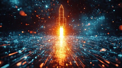 Ignition of Innovation: A stylized rocket blazes upward, symbolizing startup launch and technological progress.