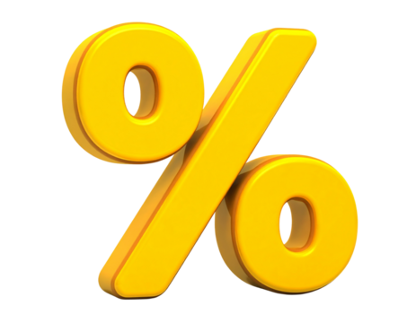 A vibrant yellow 3D percentage symbol, rendered with a glossy, rounded, and appealing
