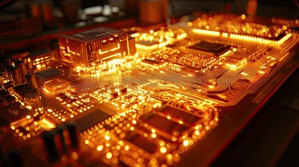 Illuminated Circuit Board: Close-up of a glowing circuit board with intricate pathways and processor.