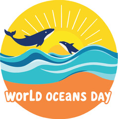 World Oceans Day Whale Duo Illustration Featuring Yellow Sunburst, Ocean Waves, and Playful Typography