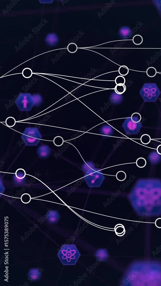 Poster network connections and data flow animation over dark background with purple nodes