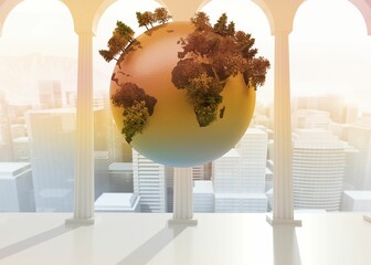 Floating metallic Earth globe sprouting miniature trees in 3D render arches overlooking skyline