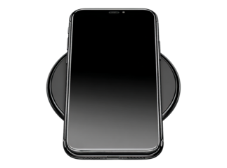 Modern smartphone wireless charging on sleek black pad, On Transparent Background, Png