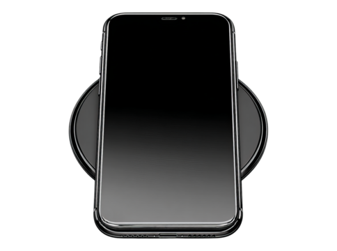 Modern smartphone wireless charging on sleek black pad, On Transparent Background, Png