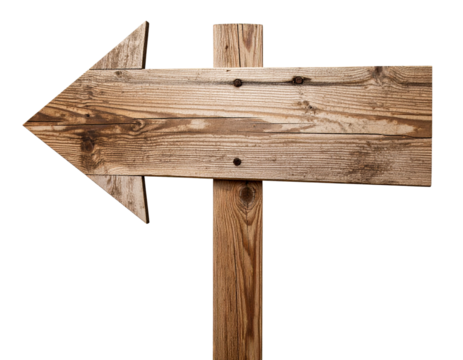 A worn aged wooden signpost features a large arrow pointing viewers left, highlightin