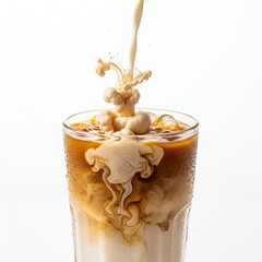 Glass of iced latte with milk swirls forming in real time, condensation on the glass — stylish summer lifestyle drink moment copy