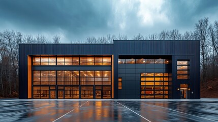 Industrial minimalism with contemporary warehouse, sleek metal facade, and large garage door design.