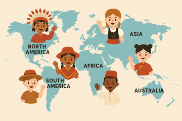 Children in traditional cultural outfits from different continents standing on world map for global diversity and multicultural education concept illustration