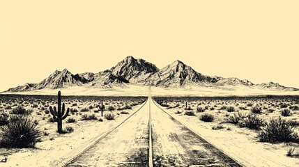 Ink sketch of a desert road with mountains in the background, captured in an engraving style.