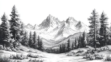 Ink sketch of a mountain scene in a modern engraved illustration style
