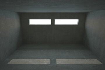 Two narrow window openings are casting light patches in flat design concrete space