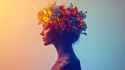 Inner Bloom Concept: Human Silhouette Merged with Floral Crown Symbolizing Growth and Inner Peace