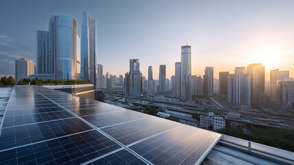 Obraz premium Futuristic City Skyline with Factory Solar Panels