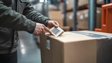 Person applying barcode label to cardboard box in warehouse