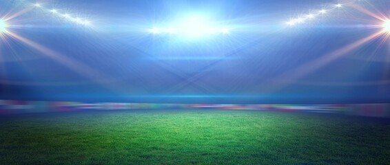Full-size grass pitch shining under floodlights in flat design, with glowing LED advertising boards