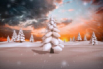 Central evergreen tree rising in flat design snowfield, snow drifting through sunset clouds