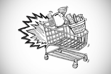 Hand-drawn monochrome shopping cart is speeding across blank background with piggy bank, copy space