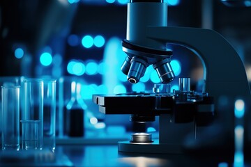 an advanced microscope illuminated by blue glowing lights in a dark laboratory, with test tubes and scientific equipment in the background, symbolizing precision and innovation in modern research