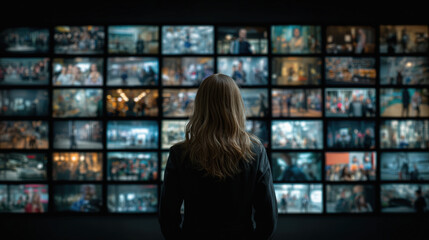 A person with long hair stands facing a large wall of multiple TV screens displaying diverse scenes in a dark room.