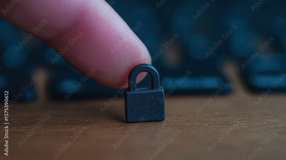 Poster a finger is pressing a small padlock on a wooden surface with a blurred keyboard in the background, 