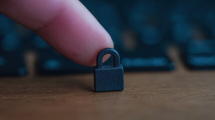 A finger is pressing a small padlock on a wooden surface with a blurred keyboard in the background, symbolizing cybersecurity or data protection.