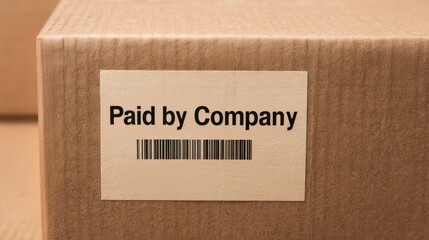Misappropriation Concepts. A close-up of a cardboard box with a label reading "Paid by Company" and a barcode underneath.