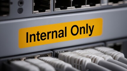 Misappropriation Concepts. Close-up of network cables plugged into a switch labeled "Internal Only" indicating restricted access to internal network infrastructure.