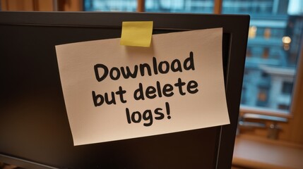 Misappropriation Concepts. A note taped to a computer screen reads "Download but delete logs!" in a casual handwritten font.