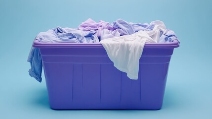 Purple laundry bin overflowing with clothes