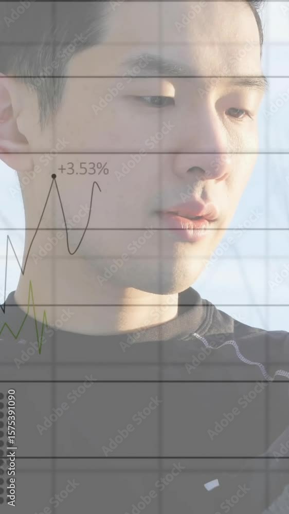 Poster checking smartwatch, man with financial data chart animation in background