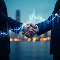 Young businessman and businesswoman in investment agreement, two colleague handshake concept. The deal was achieved by mutual funding after a meeting

