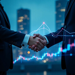 Young businessman and businesswoman in investment agreement, two colleague handshake concept. The deal was achieved by mutual funding after a meeting
