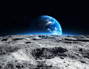 Lunar Vantage: Witness the ethereal glow of our home planet, Earth, rising majestically above the desolate lunar landscape in this awe-inspiring, photorealistic cosmic vista. 