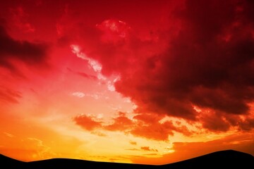 Sunset sky is featuring red to yellow gradient above rolling dune silhouette in flat design