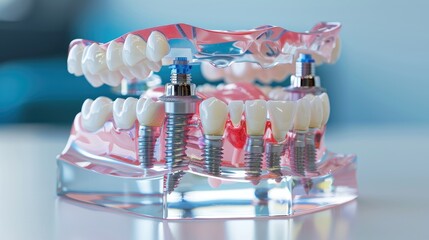 3D transparent jaw model showcasing multiple dental implants and gums in high clarity